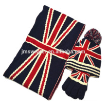Fashion UK Flag Patten Design Knitted Scarf Hat Glove Sets Wholesale